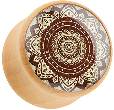 Piersando Ohr Plug Flesh Tunnel Piercing Ohrpiercing Lobe Creole Ohrring Holz Braun mit Orient Mandala Blume 12mm