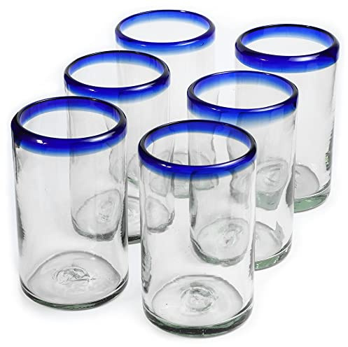 HANDMADE CON AMOR - Verres mexicains soufflés à la main – Lot de 6 gobelets, 384,5 ml chacun, bord bleu cobalt