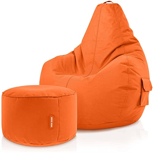Green Bean 2er Set Sitzsack mit Rückenlehne + Hocker rund - Gaming Chair, EPS-Perlen Füllung, Waschbar, Wetterfest - Gemütlicher Lounge SitzHocker rund für Indoor und Outdoor in Orange