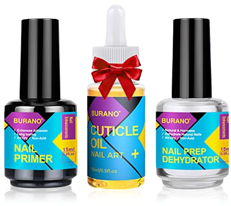 BURANO Primer Ongle Nail Déshydrateur Set Ongles Nail Prep Manucure Vernis à Ongles Acryliques et à Gel Nail Primer No Burns Bonding Primer with One Cuticle Oil Gift 0,5 oz