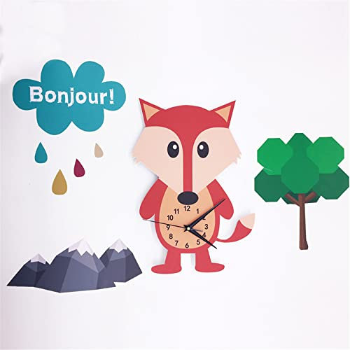 EXQULEG Kinder Wanduhr, Cartoon Lautlos Uhrwerk Wanduhr, 3D Motiv Kinderuhr Set Ohne Tickgeräusche Kinderuhr für Kinderzimmer (Fuchs)
