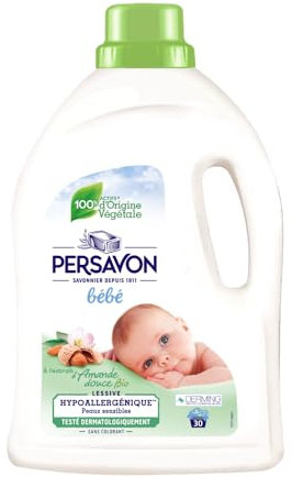 Persavon - Lessive Bébé, à l'Extrait d'Amande Douce BIO, Hypoallergénique, Peaux Sensibles, Sans Colorant, 33 Lavages - 1500 ml