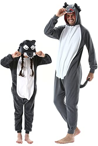 DarkCom Wolf Onesie for Kids,Flannel AnimalCosplay Halloween Christmas Costume Parent-Child Sleepwear for Girls Boys 8-9 Years Grey