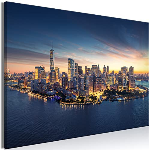 decomonkey Bilder New York 120x80 cm 1 Teilig Leinwandbilder Bild auf Leinwand Vlies Wandbild Kunstdruck Wanddeko Wand Wohnzimmer Wanddekoration Deko Haus Manhattan Stadt Nacht Sonnenuntergang Blau