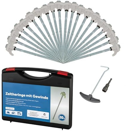 Schraubheringe Set 20 Stück 20 cm Ø7mm mit Transportbox und Bit für Akkuschrauber Stahl Heringe für weiche bis Harte Böden Zeltschrauben für Camping und Outdoor
