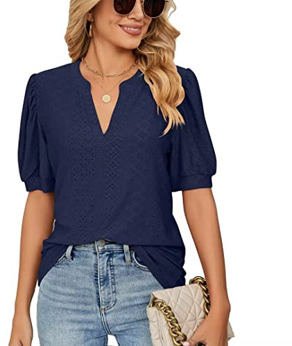 LIAOPUFUS Chaqueta Casual de Cuello V de Manga Corta en Verano para Mujeres Diseño de Malla Hueca de Color Sólido Camisa de Camiseta Suelta con Mangas de Burbuja (Azul Tibetano, L)