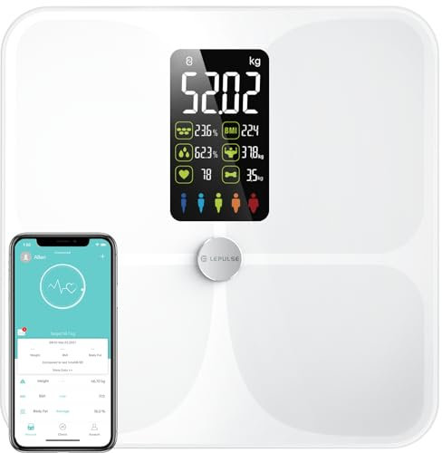 Lepulse Körperfettwaage Lescale F4, Waage mit Körperfett und Muskelmasse, Personenwaage mit Körperfettanalyse, Körperanalysewaage, ultra precision Körperwaage, Großes Display, 22 Körpermaße, Weiß
