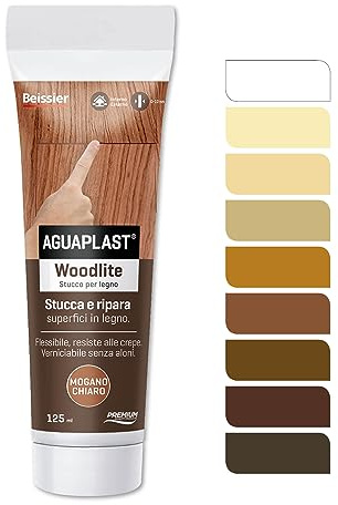 Stucco per Legno Colorato Pronto all’Uso – Aguaplast Woodlite Fibrorinforzato – Riempitivo per Buchi e Crepe su Mobili, Infissi e Parquet – Verniciabile Senza Fondo - Colore Mogano chiaro 125ml