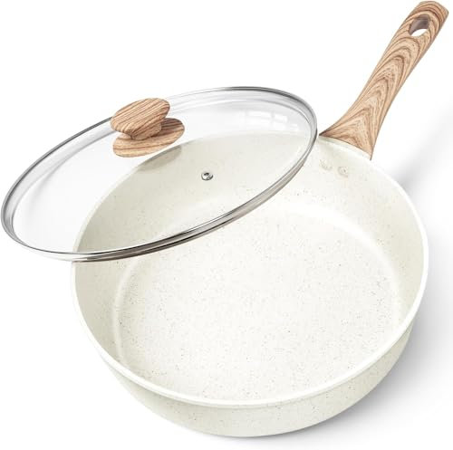 MICHELANGELO Deep Frying Pan 24cm, Non Stick Saute Pan 24 cm, Fry Pan with Lid with Soft Bakelite Handle, Sautepan with Lid, Deep Frying Pans for Induction Hob, White