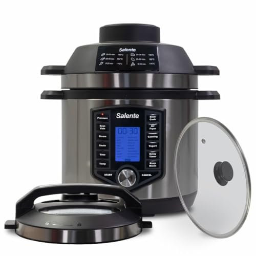 SALENTE Ario II Pentola Elettrica Multifunzione con Friggitrice ad Aria, Pentola a Pressione, Slow Cooker, Sous-Vide, Acciaio Inossidabile, 1200-1500 W, 6 L