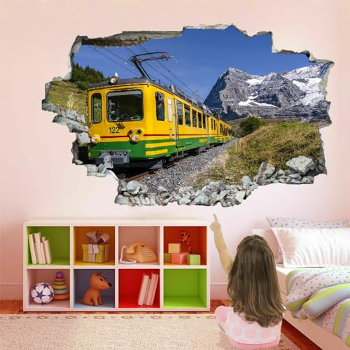 3D Durchbruch Wandtattoo Mädchen Kinderzimmer Zug Wandaufkleber Dekorative Berg Abnehmbare Wandsticker Vinyl für Junge Teenager Zimmer Wohnzimmer Schlafzimmer Wandbilder Deko