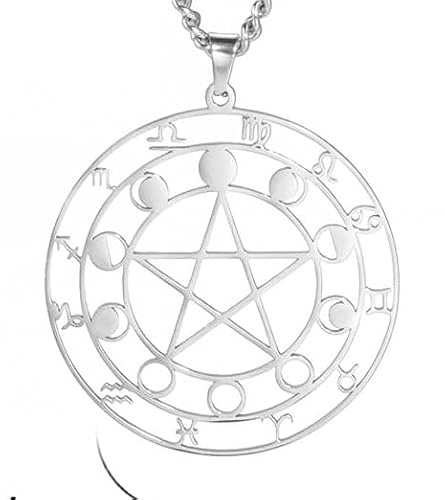 AB Viking Crafts Ciondolo in acciaio inox pentagramma in cerchio fasi lunari segno zodiacale colore argento con catena in scatola portagioie | Verità Wicca Magia paganesimo, 40x38 cm Kette 60 cm