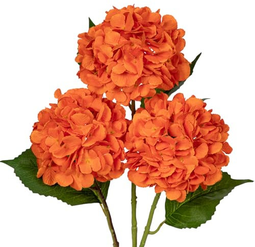 Briful Künstliche Hortensie Kunstblume Hortensie Kunstpflanze mit Wasserfesten Stiel Länge 68cm für Blumenarrangement Blumensträuße Blumengestecke Dekoration 2 PCS (Orange, 3 PCS)