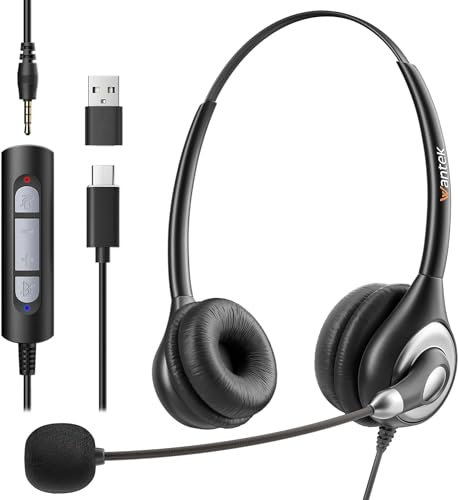 Wantek Casque USB avec Microphone pour PC - Casque Filaire avec USB C 3,5 mm - Microphone antibruit pour Ordinateur Portable avec contrôle du Volume en Ligne