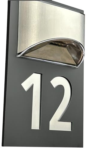KC Laser Crafts Brushed Steel Effect Acrylic House Address Number Door Plaques Wall Sign, Solar Light, Warm White,5mm thick