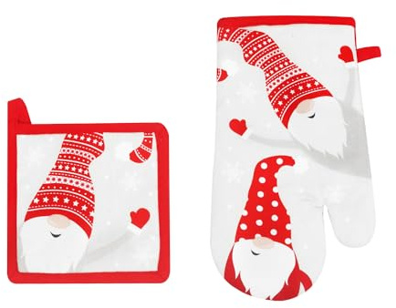KASANOVA Set guanto da forno e presina con gnomi – Tessile cucina natalizio in fibra, ideale per teglie e pirofile calde (Bianco)