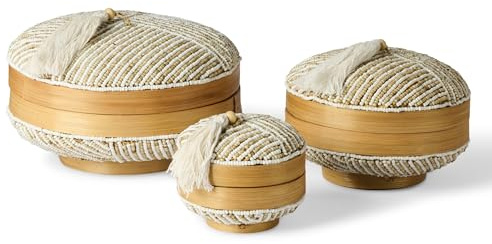 Karmagonia 3er Set Aufbewahrungsbox mit Deckel aus Bambus - handgemachte Boho Deko Boxen mit Perlen bestickt - Aufbewahrungskorb rund, Deko Korb geflochten