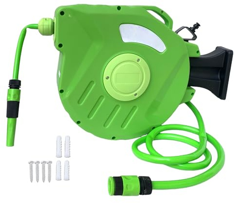 Avvolgitubo Automatico Autoavvolgente da Giardino Tubo Flessibile Fissaggio a Parete Automatico Girevole a 180° Riavvolgimento con Sistema di Blocco per irrigazione Giardino Esterno (15 Metri)