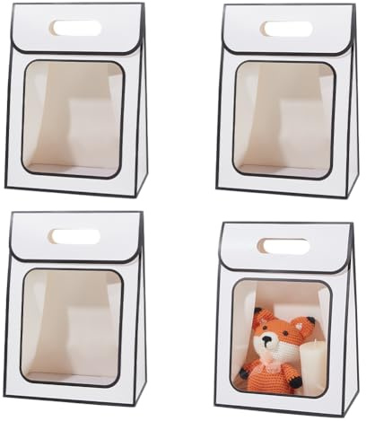 NBEADS 12 Stück Kraft Papiertüten mit Fenster, Stand Up Papiertüte 21.5x13x30cm Falttasche für Süßigkeiten Kekse Verpackung Hochzeit Laden Einzelhandel, Weiß mit Schwarzer Linie