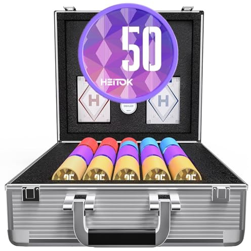 HEITOK Pokerkoffer 600 Chips Set – 11,5g Schwerer Kern Texas Hold'em Set im Aluminiumkoffer mit 2 Kartendecks & Dealer Button