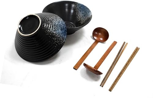 Stoneware Ramen Bowl Set of 2-1000ml with Wooden Chopsticks & Spoons | Japanese Noodles Bowl for Soup Salad Pho Cereal Pasta-Microwave & Dishwasher Safe-Gift Collection | M&W (Black & Blue)