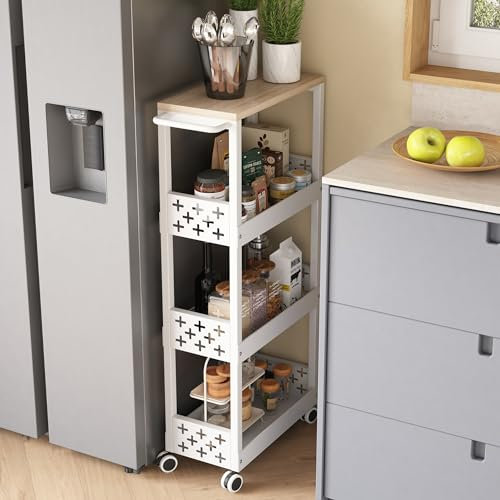 UMDONX Carrito Cocina Estrecho de Metal Carrito Auxiliar con Ruedas, Carrito de Servicio de 4 Niveles para Espacios Pequeños Baño Lavadero, 42x17x87cm (Blanco)