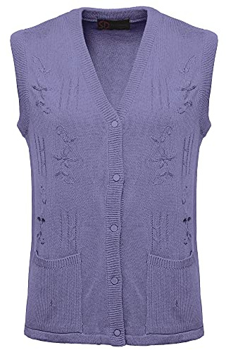Maan Store Women's Sleeveless Knitted Waistcoat Button-Up Cardigan with Embroidery and Front Pockets V Neck Ladies Pull Over Sweaters/M Lilac