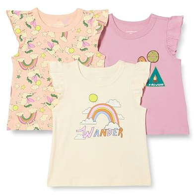 Amazon Essentials Girls' Sleeveless Ruffle T-Shirt, Pack of 3, Badges/Unicorn/Wander, 8 Years
