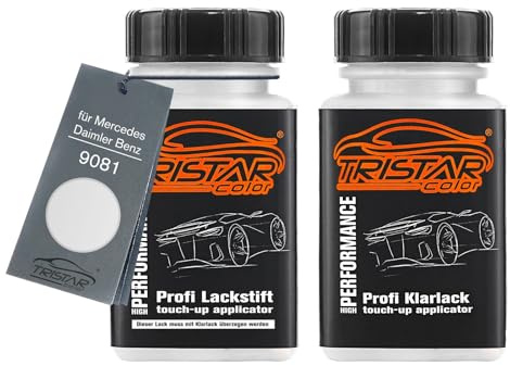 TRISTARcolor Autolack Lackstift für Mercedes 9081 Weiss Matt + Klarlack | für Mercedes / Daimler Benz, Set aus Basislack + Klarlack, Lackfläschchen mit Pinsel, je 50ml