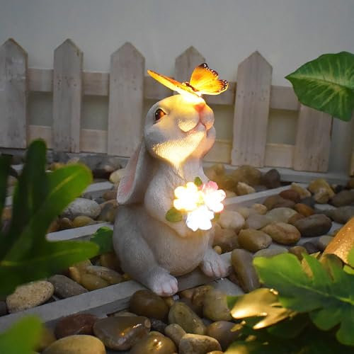 WUHUHAI Statue de lapin solaire - Décoration de jardin avec papillon - 5 lampes solaires LED pour décoration d'intérieur, terrasse, cour, balcon - Cadeau unique pour maman/grand-mère