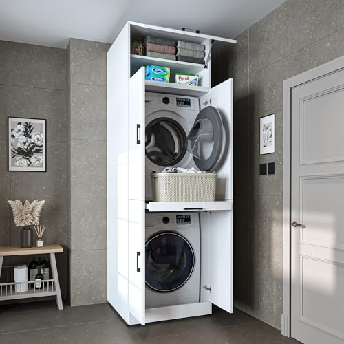 ROOMART Dora Armoire de machine à laver, pour sèche-linge et machine à laver, en 4 couleurs, avec portes et planche coulissante (blanc, 230 cm de haut -)