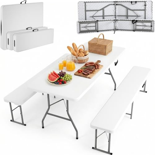 Öltält-set vikbart 3-delat set 1 ölbord & 2 st ölbänk vikbar, bartält set ölbord set 183 cm med bärhandtag, trädgårdsmöbler set väderbeständigt, campingbord utomhus och inomhus, vitt