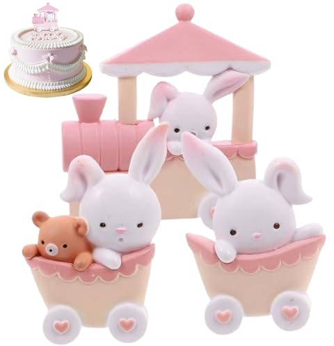 Decoraciones de cumpleaños de conejito juego de 3 piezas de adorno para tarta de conejo con pegamento suave y mini tren figura decorativa de conejo para cumpleaños