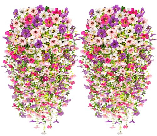 Yueshop 4Pcs Artificial Hanging Flowers,UV-Resistant Fake Hanging Plants Flower Bouquet Indoor Outdoor Fake Flowers Plant for Wall Home Garden Yard Patio Wedding Decoration Mix Color