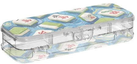 EtherSpher Kunstmalerei, blaues chinesisches Mahjong-Design, Kunststoff-Bleistifte, Box, transparent, doppellagig, Hartschalen-Etui für Schreibwaren, mit Deckel