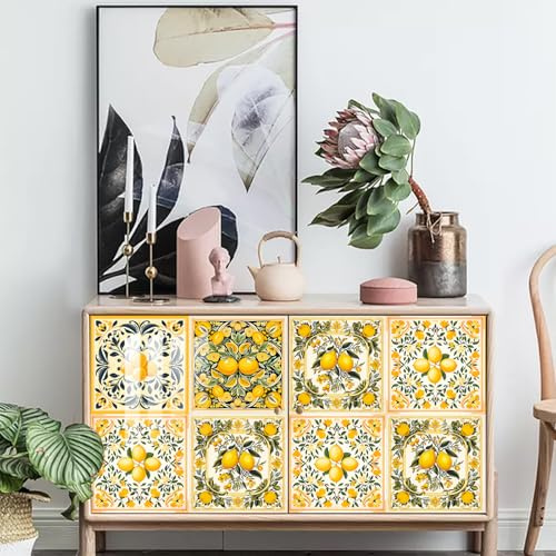Mosaikfliesen Gelb Zitronen Blätter Fliesensticker PVC Selbstklebende Fliesen Küche Klebefliesen Fliesen zum Kleben Fliesenaufkleber Boden Tile Sticker Ölfest Klebefliesen Bad 20x20cm/10 Pcs