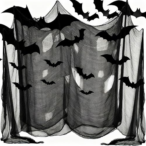 Halloween Deko Gaze, 5er Pack Weiß Schwarz Gruselstoff (183x76cm) mit 12 Fledermaus Aufkleber – Ihr Perfekter Halloween Dekostoff für Party Innen Außen Gruselhäuser Türen (3 Schwarz + 2 Weiß)