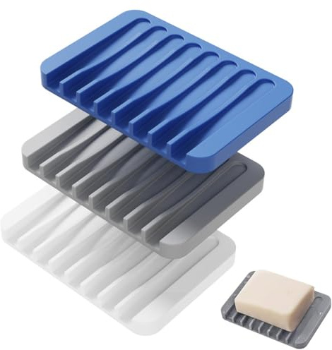 KEWUF 3 Pcs Porte-Savon en Silicone avec Drain, Support Savon, Porte Savon Salle de Bain, Convient pour Salle de Bain, Cuisine, Lavabo (Bleu, Gris, Blanc)
