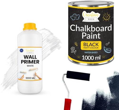 Creative Deco Set Vernice Lavagna Nera Gesso 1000ml + Primer per Pareti 1L | per Pareti, Mobili, Legno, Vetro, Metallo | Vernice Opaca, Atossica con Primer Migliore Aderenza, Protezione dalle Macchie
