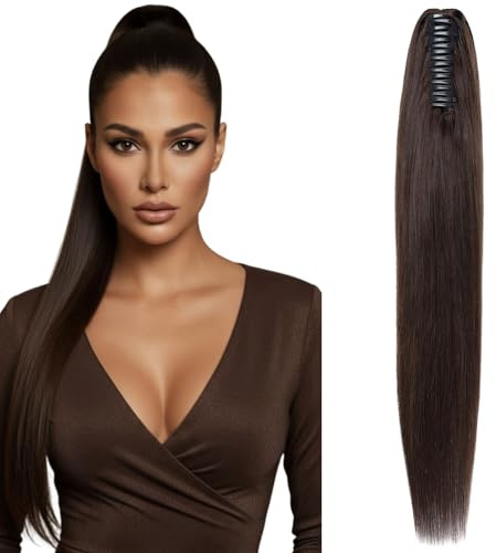 MY-LADY Pferdeschwanz Haarteil mit Klammer Echthaar, 35cm Lang Claw Clip in Ponytail Extension Natürlich Glatt Haarextension Zopf #02 Dunkel Braun 105g