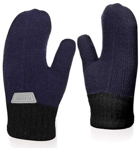 Abeillo Moufles chaudes en tricot double couche pour filles et garçons, gants d'extérieur en coton pour 3 à 7 ans, bleu marine, Fit for 5-10 Years Old