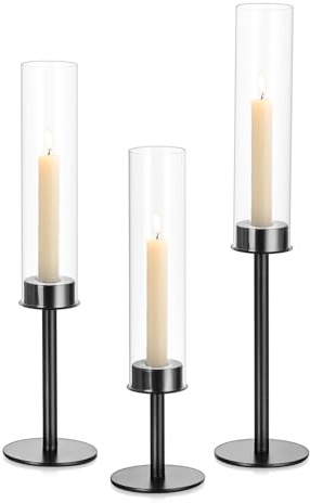 Staymoment 3er Set Stabkerzenhalter Schwarz, Kerzenständer Glas | für Stabkerzen, Deko Wohnzimmer, Windlicht, Kerzenhalter mit Glaszylinder, Tischdeko
