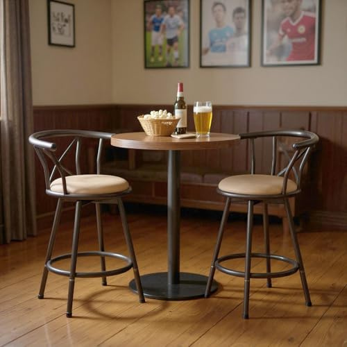 FURNISH 1 Set med 2 svängbara barstolar i industriell stil med 360° roterande ryggstöd, sitthöjd 63 cm, vintage höga pallar med fotstöd, metallram för hemmabarer