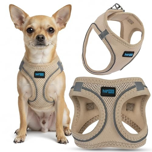 Happet Hundegeschirr XXXS für kleine Hunde & Katzen – atmungsaktives Air-Mesh Brustgeschirr, weich gepolstert, leicht & verstellbar, reflektierend, komfortabel & sicher, Softgeschirr für Hunde, Beige