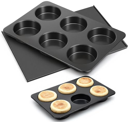 Xosjska 6 Cup Straight Side Jumbo English Muffin Cupcake Pan with Lid, Nonstick Hamburger Bun Pan, Nonstick Baking Tin Tray Mold for Baking Burger Buns Roll Focaccia Quiche Pancake