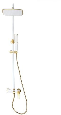 Duschsäule, verchromt, Thermostat-Duschset aus Edelstahl, mit runden Regenduschen 20 cm und Duschkopf mit 3 Strahlarten, wassersparend (Gold/Weiß)