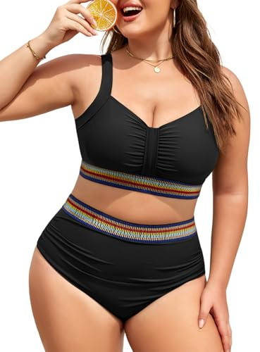FemiChic Conjunto de Bikini Mujer Talla Grande Cintura Alta con Diseño Cruzado en Pecho, Aro Extraíble, Tirantes Ajustables y Detalles de Cintas Coloridas, Control de Barriga