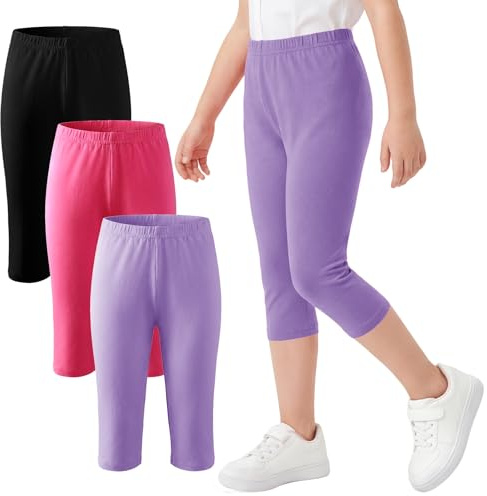 FILOWA Leggings Girls Cotton 3-Pack Capri Tights Pants, 10-12 Years, Purple