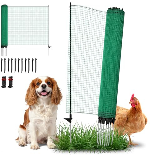 Ollewiellan Mobiler Zaun 15m x 95cm, Hundezaun mit 9 Pfählen, Höhenverstellbarer Steckzaun für Garten, Camping & Tiere, Engmaschiges Gartennetz, Weidezaun für Hunde & Kleintiere, Schnell Aufbaubar