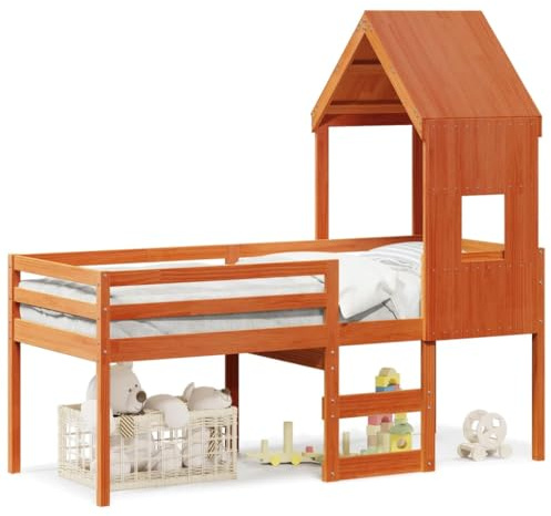 Mhdvray Hochbett mit Dach 90x200 Kiefer Massivholz Wachsbraun Kojenbett Spielbett platzsparend für Kinderzimmer ab 6 Jahren